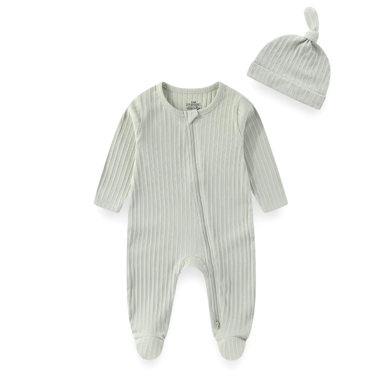 Two-Piece Baby Unisex Romper Hat Set 0-12M Long Sleeve Jumpsuit Cap Solid Color Newborn Outfit