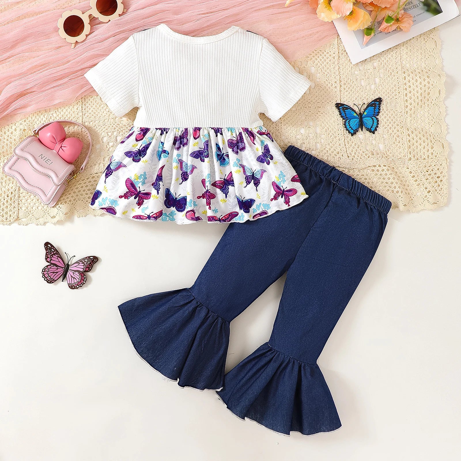 Baby girl Summer Set with Beautiful Butterfly Print Top and Flared Pants, Fashionable 2Pcs/Set for 0-3 Year old Girls' Clothing