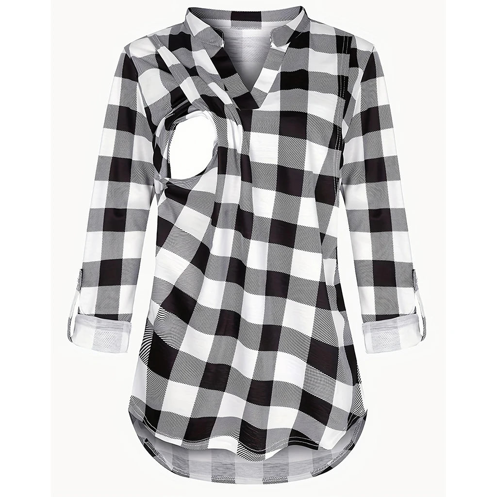 Plaid Print Long Sleeve Nursing V-Neck T-Shirt Top for Women Comfortable Breathable Casual Fashion
