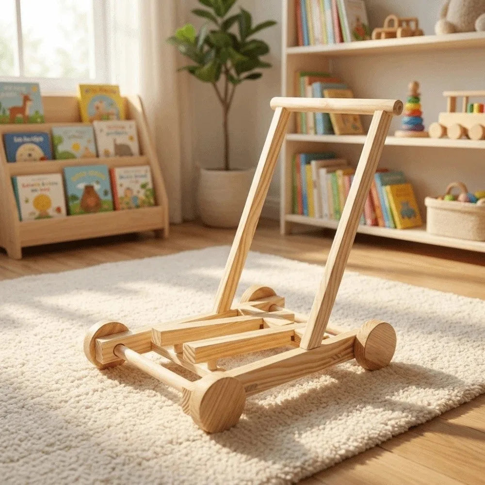 Adjustable Speed Height No-Knot Wood Baby Walker Wheeled Push-Pull Non-Toxic Toddler Walking Aid Safe Sturdy Durable