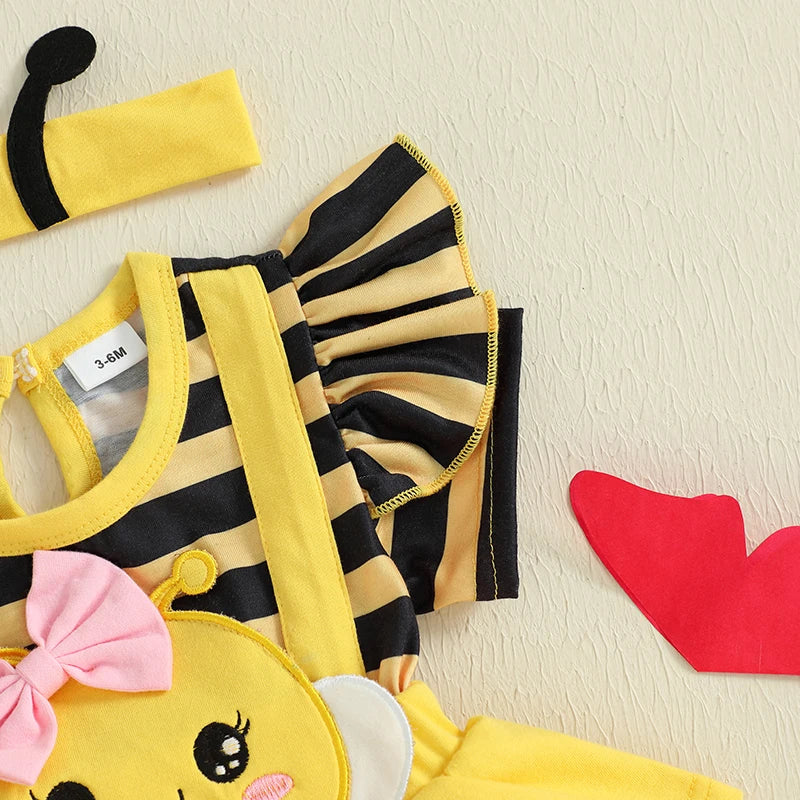 0-18M Newborn Baby Girl Romper Dress Summer Short Sleeve Striped Bee Pattern Tierred Bodysuit with Headband Cute Infant Clothes