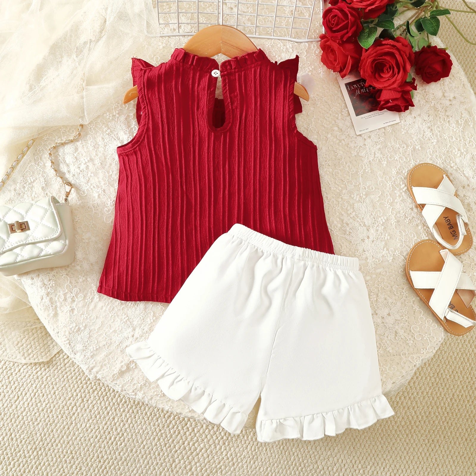 2Pcs Girls' Small Stand Collar Ruffle Sleeveless+Shorts Set Suitable for 4-7 Year Girls Summer Fashion Set children's clothing
