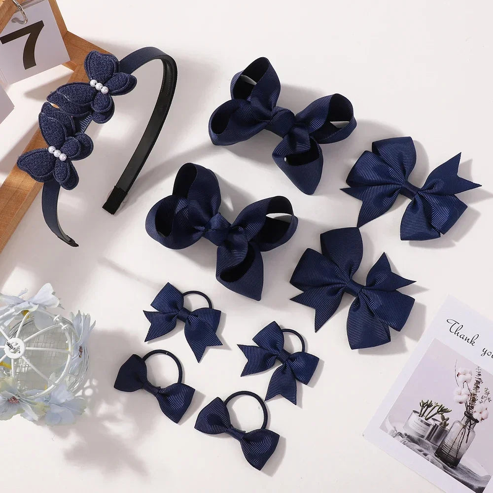 9Pcs Girls Hair Accessories Set Ribbon Bows Bowknot Hairbands Headband Lovely Cheer Hairwear for Kids Boutique Children