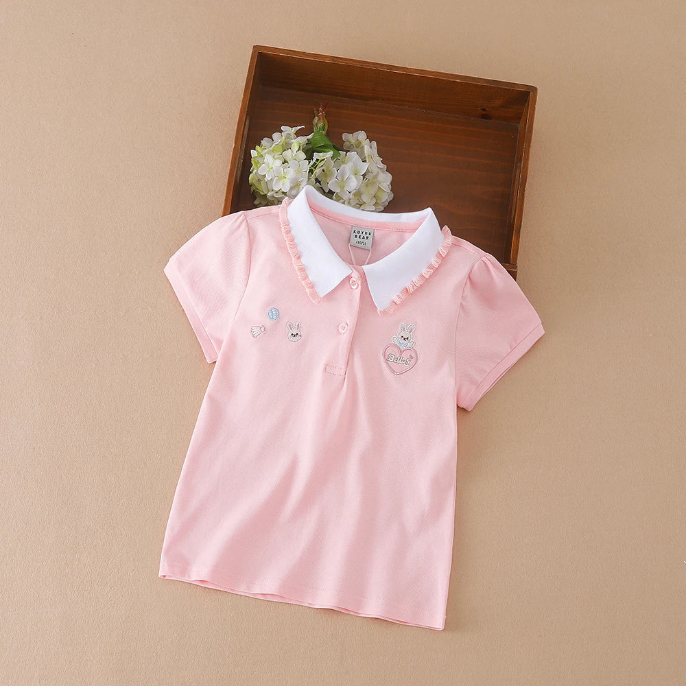 3-12 Age Girls Polo Summer Children Short Sleeve T-shirts 2024 New Kids Turn Down Collar Clothing Baby Cotton Tops