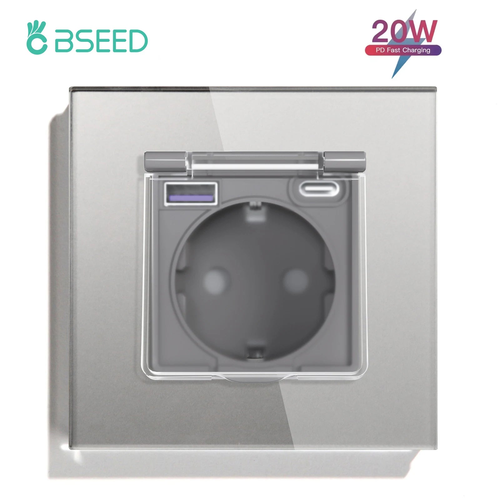 BSEED Sinlge EU Wall Socket With Type-c USB 20W Waterproof Cover Double Triple Power Sockets For Bathroom Outdoors Glass Frames