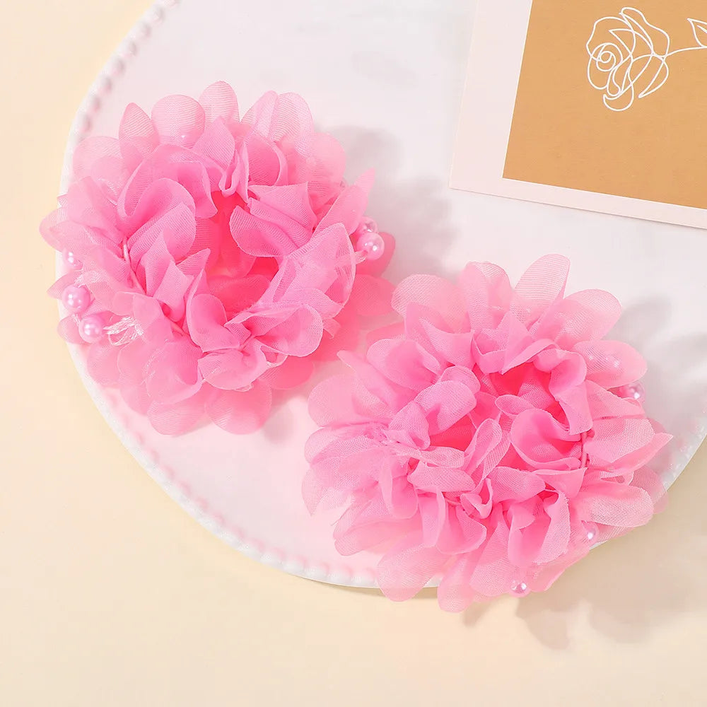 Kids Hair Bands Set With Chiffon Flowers Beads Ponytail Holders For Girls HBSet01 Elastic