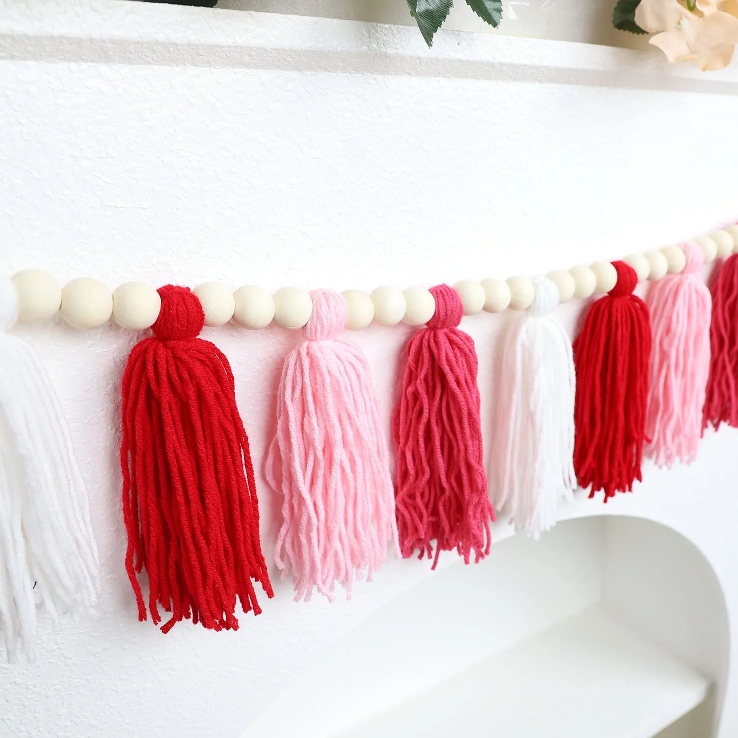 Bohemian Wooden Bead Garland with Red Tassels - Wall Decoration