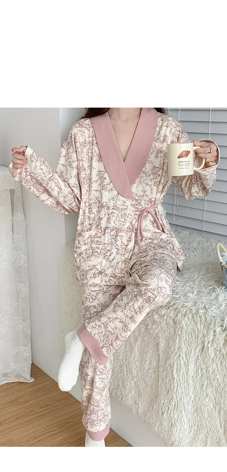Pure Cotton Maternity Nightie For Pregnant Breastfeeding Clothes 	Sleepwear Autumn V-Neck Pajamas For Nursing Mothers