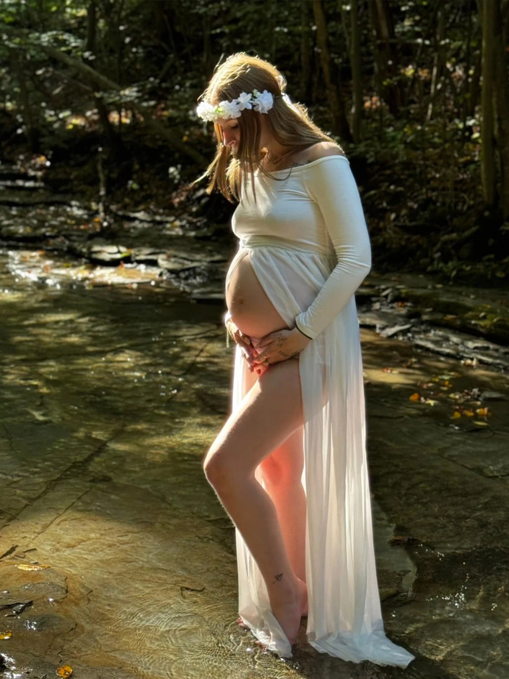 Maternity Sexy One Shoulder Front Slit Long Sleeved Dress for Pregnant Women Photo Photography Dress Ladies Dess Wedding Party
