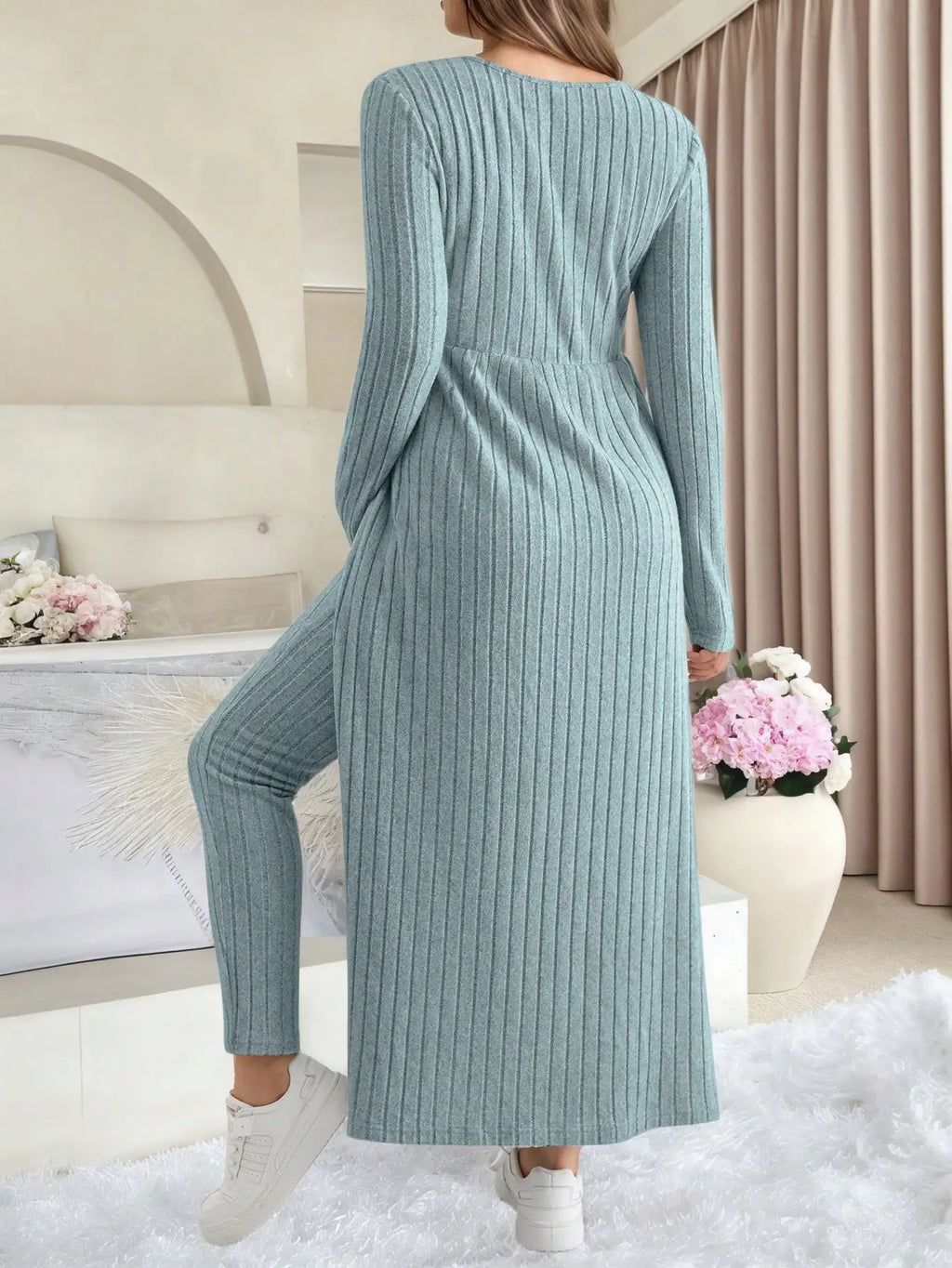 Maternity Women's Two Piece Sets and Outfits Long Sleeve Soft Ribbed Longline Casual Home Lounge Pants Set
