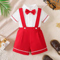 2Pcs Baby Boys' College Style Set with Bow Edge Binding Shirt Strap Shorts Set for 0-3 Year Old Baby Boys' Summer Party Set