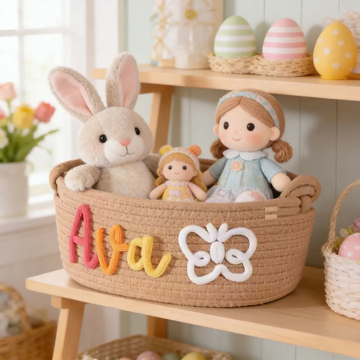 Personalized Woven Storage Basket with Letter – Custom Star Sun Moon Gift Basket