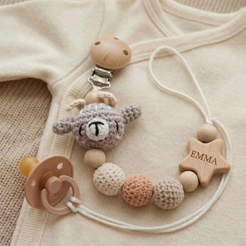 Personalized Baby Pacifier Clip with Name – Crochet Bear Wooden Star Teether Holder