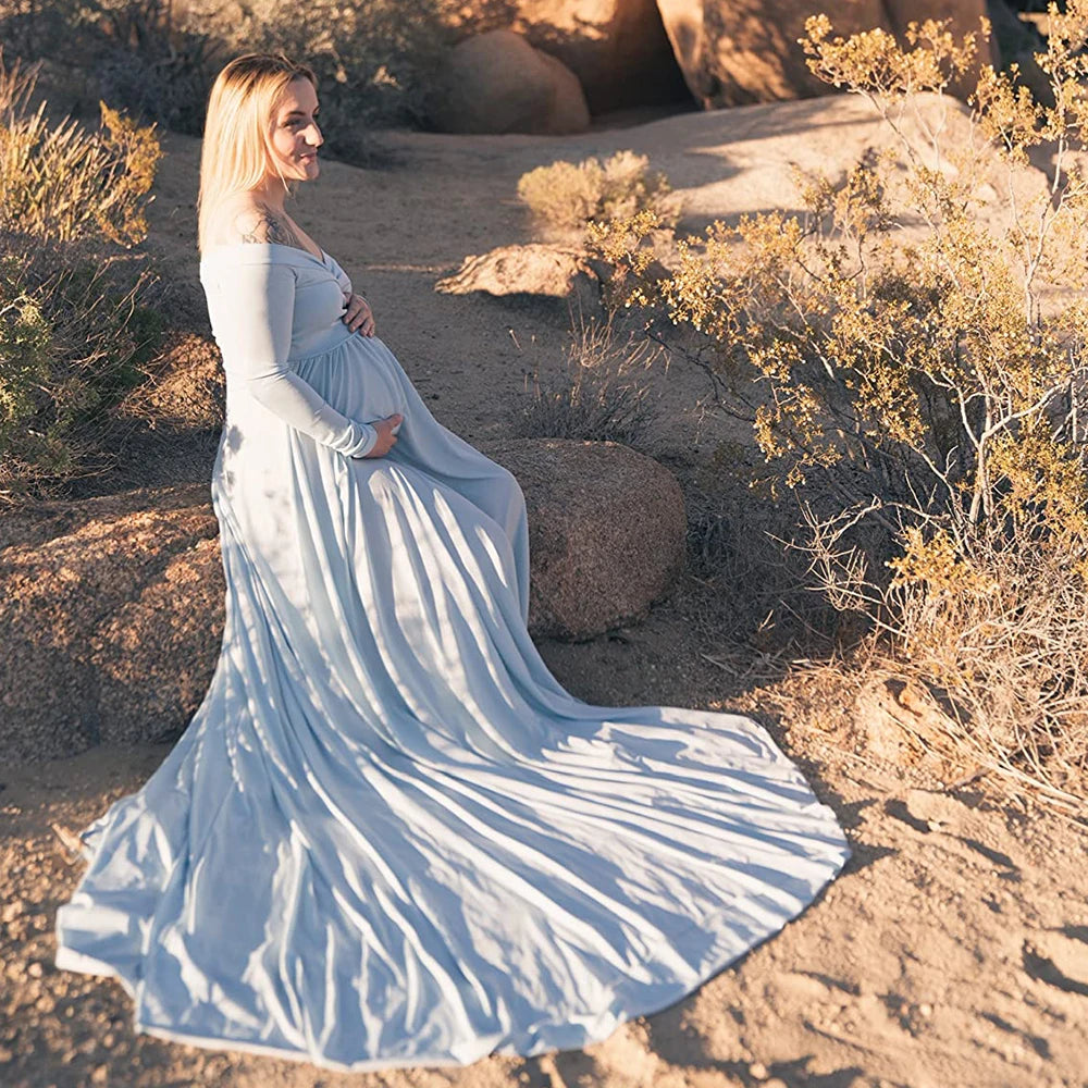 Maternity V-neck Gown Long Sleeve Trailing Maxi Dress Elegant Photo Shoot For Pregnant Women Photography
