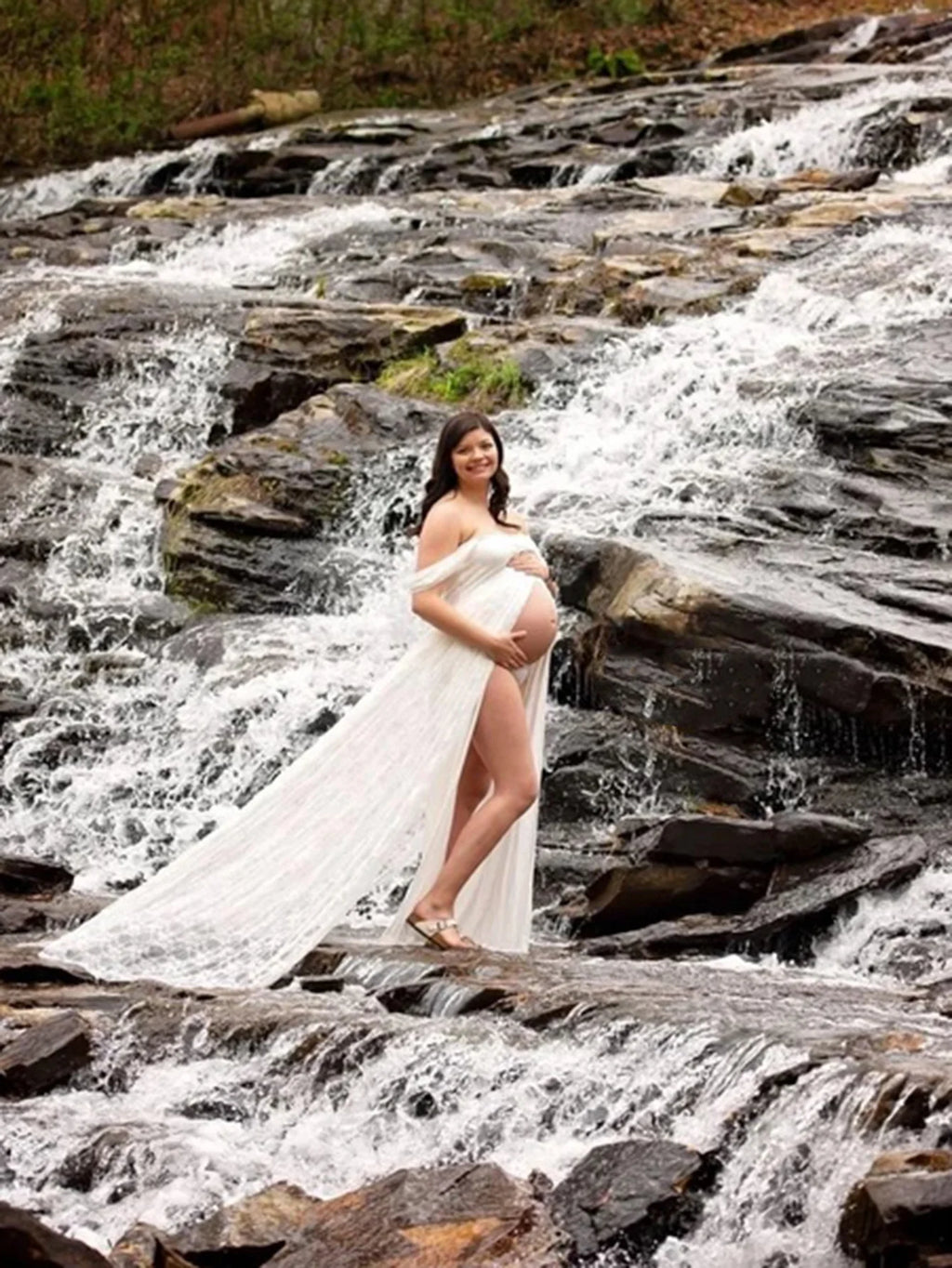 Maternity Summer Lace Sexy Long Dress Off-Shoulder High Waist Slit For PhotoShoot Baby Shower Pregnancy Women Bohemian Gown