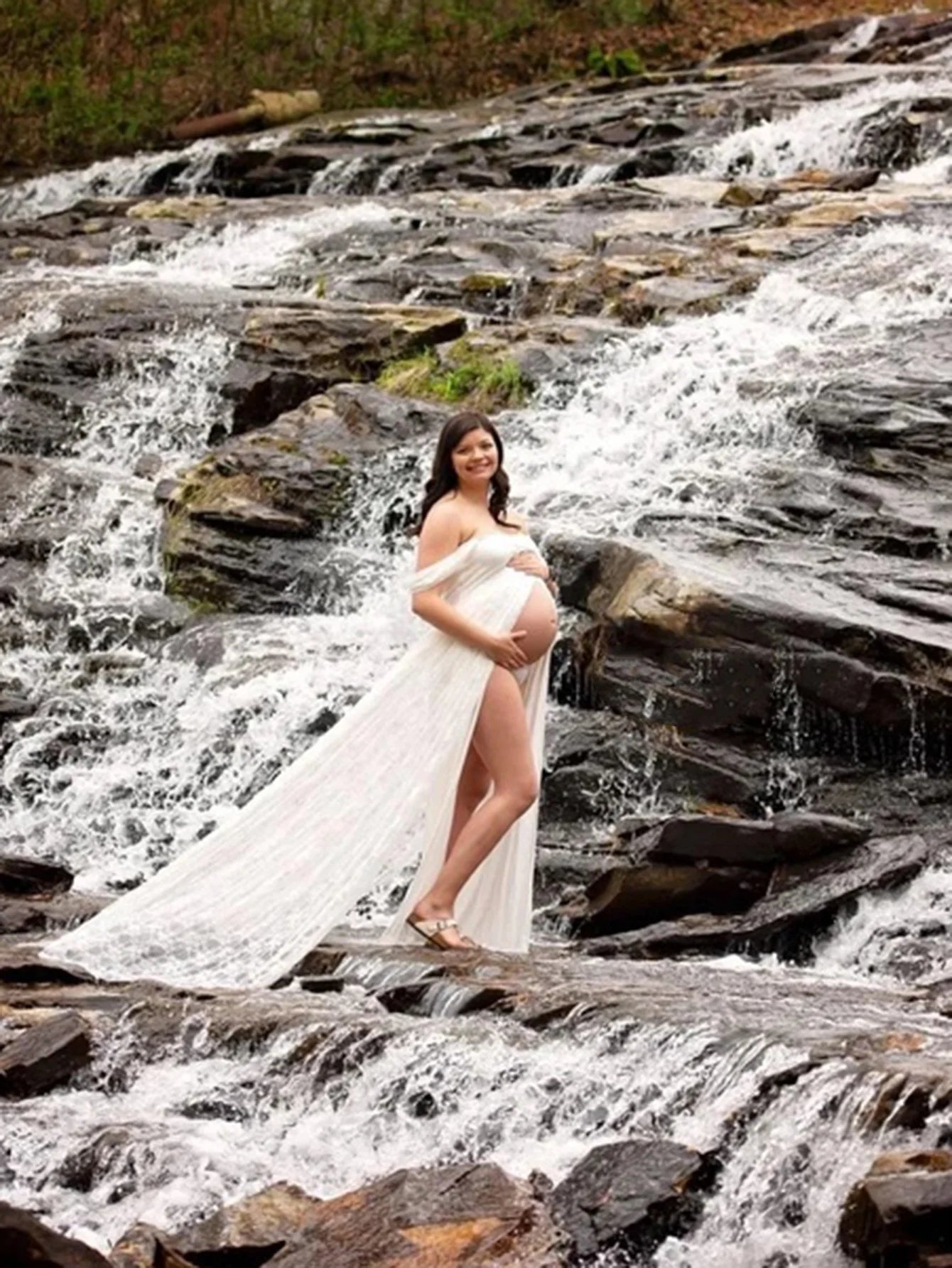 Maternity Summer Lace Sexy Long Dress Off-Shoulder High Waist Slit For PhotoShoot Baby Shower Pregnancy Women Bohemian Gown