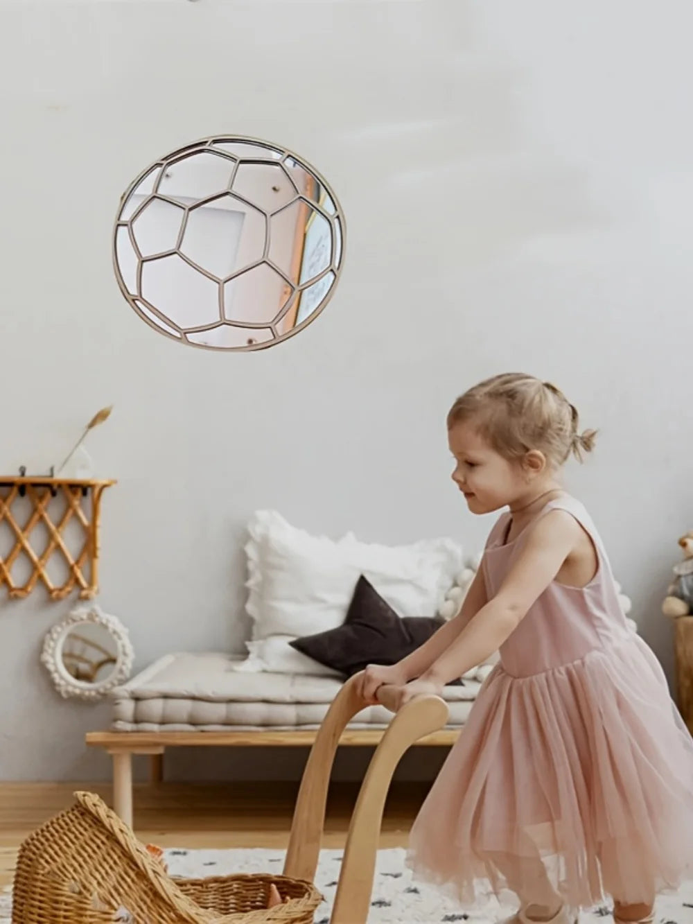 Cute Wooden Acrylic Football Shatterproof Mirror, Home Decor Background Mirror, Boys' Room Wall Decoration Mirror, Perfect Gift for Bedroom and Living Room Sports Enthusiasts - Baby World SA