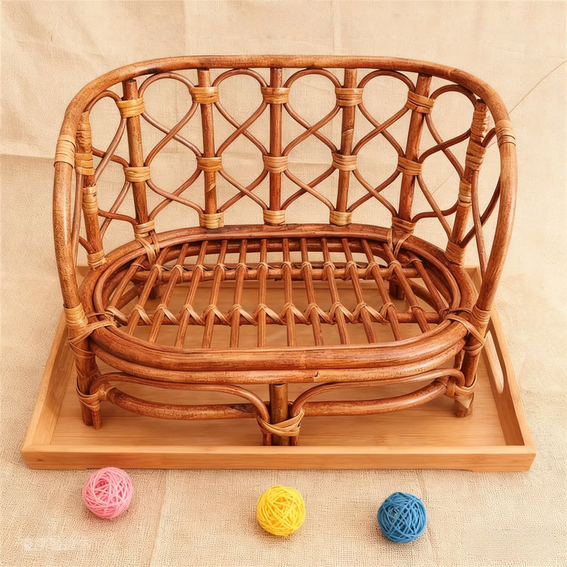 Handmade Baby Bamboo Bench & Bed + Rattan Basket Newborn Photography Props Container for Infant Posing Baby Studio Shooting Use