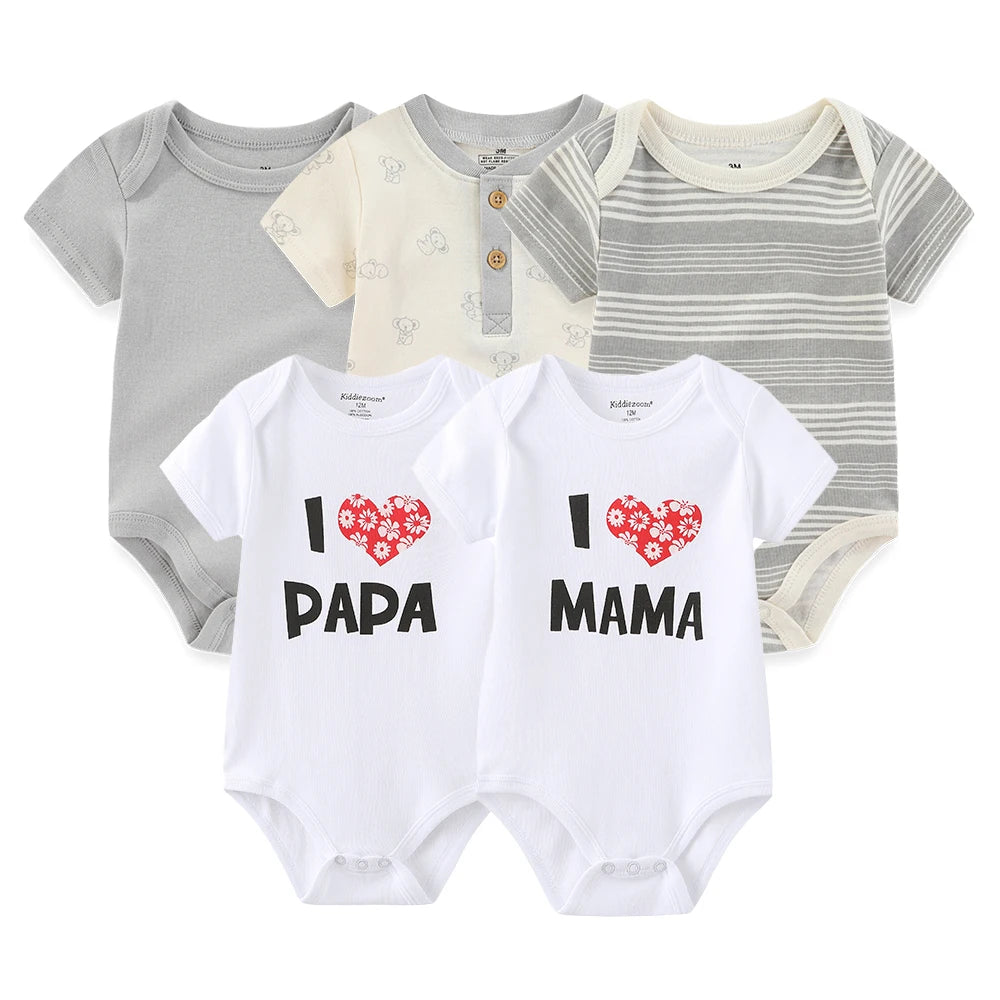 I Love Papa Mama Cartoon Baby Bodysuits 5-Pack Unisex Short Sleeve Onesies 0-12 Months