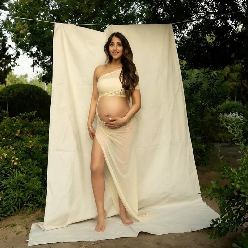 Maternity Sexy Off Shoulder Photography Outfit Cut Out Belly See Through Mid Dress for Photoshoot