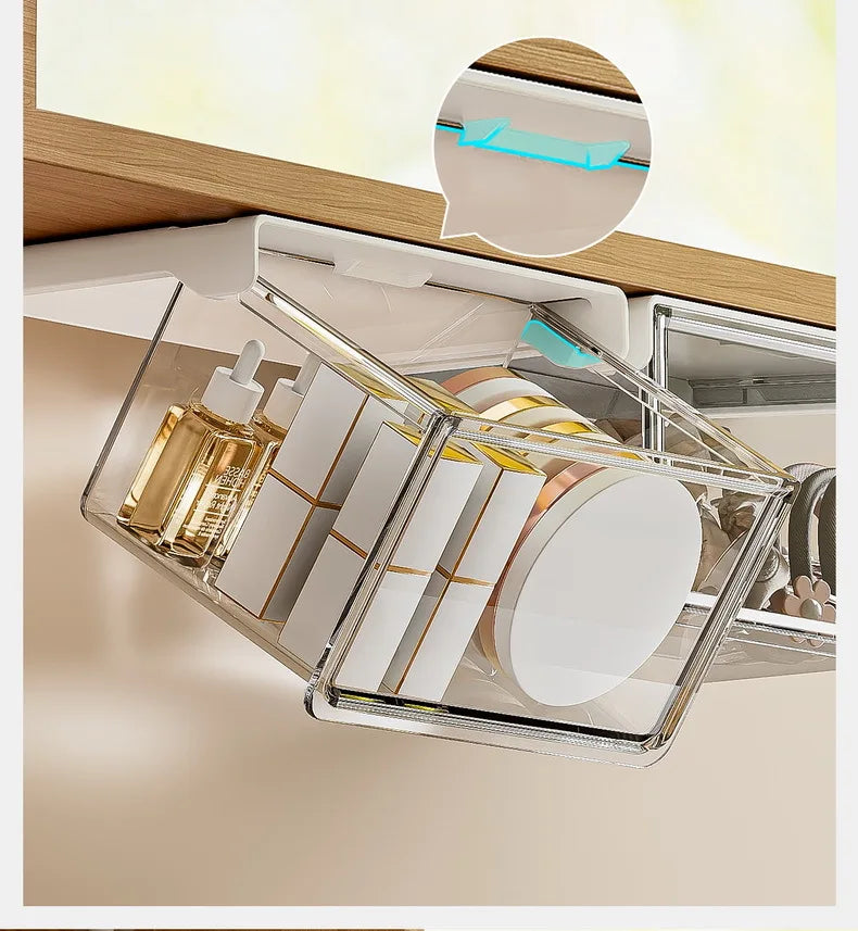 Transparent Drawer Storage Box Pull-Out Under Mirror Cabinet Oragnizer Case Bathroom Makeup Cotton Stick Makeup Holder Organizer
