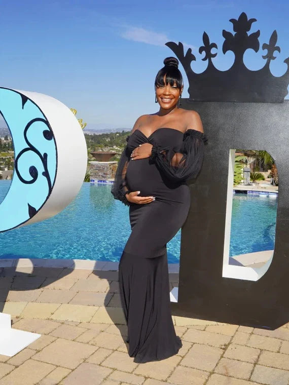 Maternity Dress Off-Shoulder Mesh Puff Sleeve Slim Pregnancy Women's Photography Maxi Gowns For Baby Shower Photoshoot