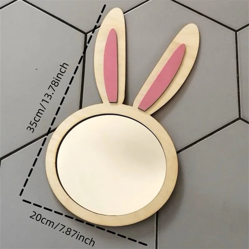Ins Nordic Style Wooden Rabbit Silver Mirror Decoration, Rabbit Ear Decorative Mirror, Fun Rabbit Mirror for Home Room Walls, Perfect Practical Gift for Bedroom and Hallway for Holidays.