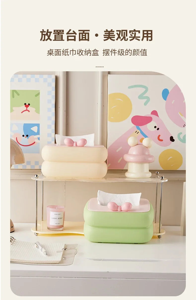 Cute spring-loaded pop-up tissue box with large storage for desk or table.