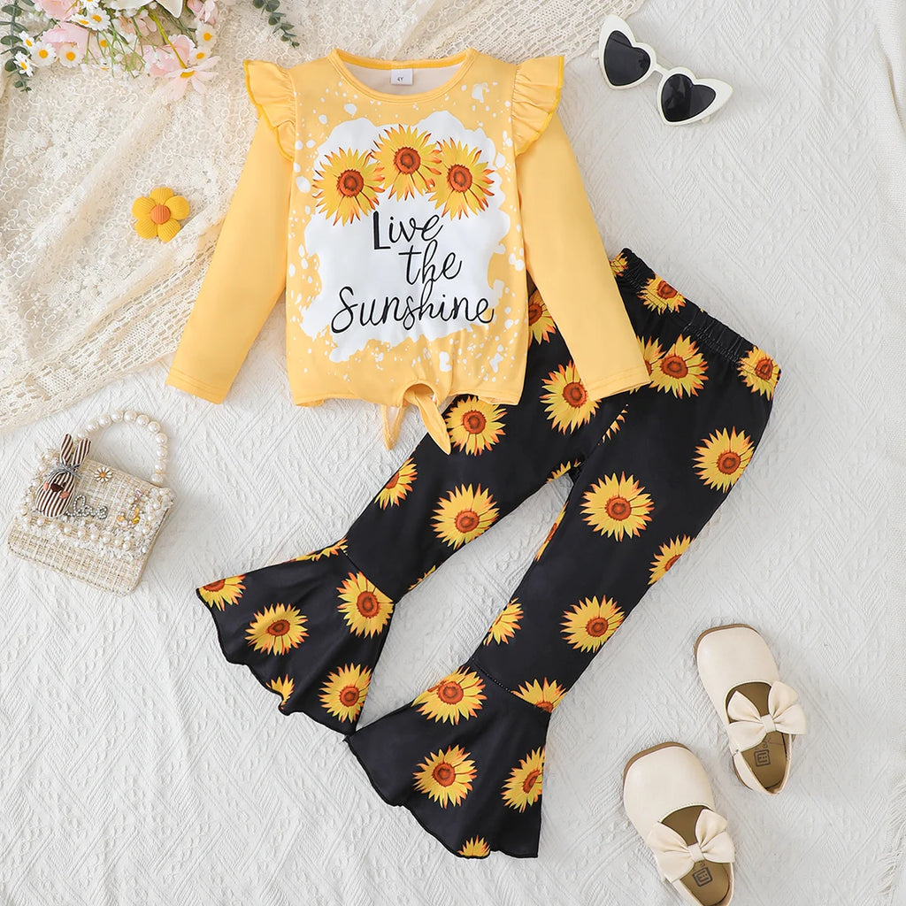 Children's clothing Girl Set Sunflower Print Top+Flared Long sleeved Two-piece Set for 4-7 Year old girls in Spring Autumn Set