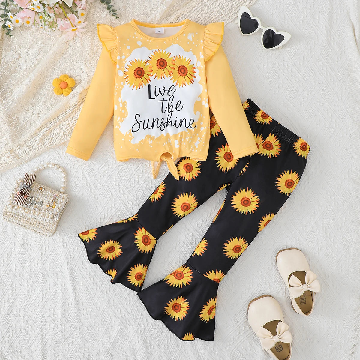 Children's clothing Girl Set Sunflower Print Top+Flared Long sleeved Two-piece Set for 4-7 Year old girls in Spring Autumn Set