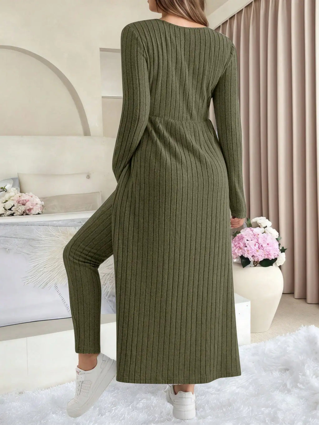 Maternity Women's Two Piece Sets and Outfits Long Sleeve Soft Ribbed Longline Casual Home Lounge Pants Set