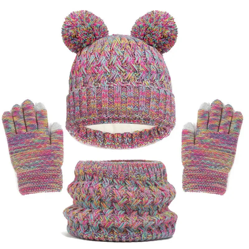 Kids Winter Hat Scarf Gloves Set Girls Knitted Scarf 3pc Set Childs Winter Warm Neck Scarves Beanie Cap For Boy Baby Gloves Suit
