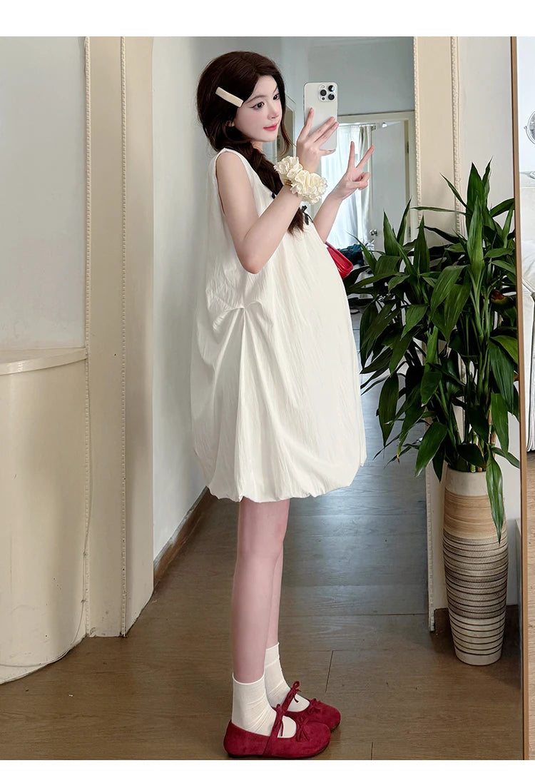 Korean Style Maternity Mini Dress Sleeveless White Pregnant Woman Bud Dress Fashion Short Lady Loose Fashion Dress with Bowknot