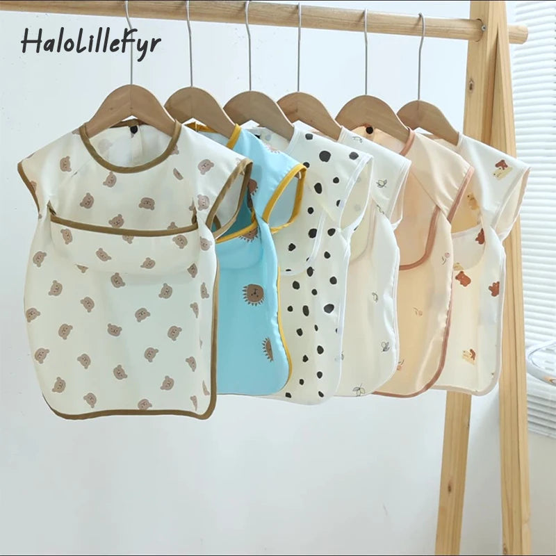 Baby Sleeveless Bibs Burp Cloth Soft Waterproof Children's Feeding Apron with Pocket Toddler Printed Art Smock for Boys Girls