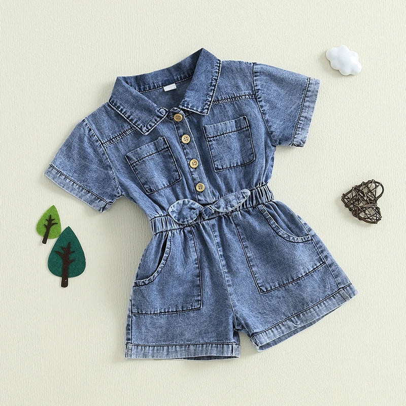 1-5Y Girls Kids Denim Overalls Shorts Short Sleeves Turn Down Collar Button Down Elastic Waist Jean Romper Jumpsuits Clothes