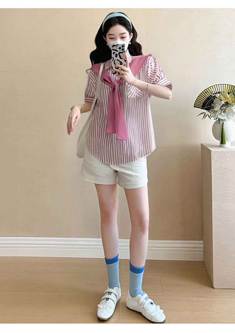 2025 Summer Maternity Pink Shirts Puff Sleeve O-neck Bowknot Hollow Out Backside Pregnant Woman Blouses Sweet Pregnancy Top Tees