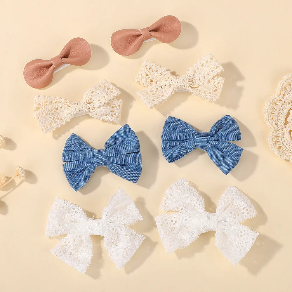 Sweet Lace Printed Bowknot Hair Clips Set 8 Pieces For Girls Handmade Hair Accessories