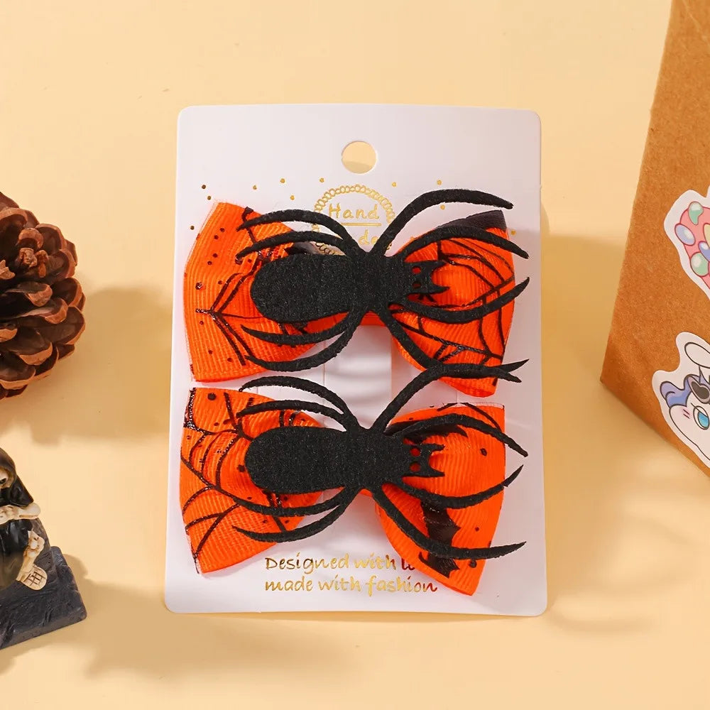2Pcs/Set Halloween Hair Accessories for Kids Girls - Ribbon Bow Hairpin Ghost Pumpkin Bat Hair Clips for Party Decoration