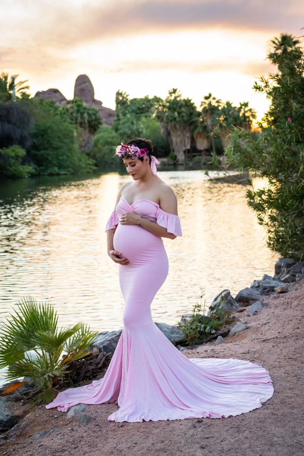 Maternity Summer Ruffle Sleeve V-Neck Mermaid Dress Pregnancy Gown Wedding Bridesmaid Dresses Robe for Photoshoot Baby Shower