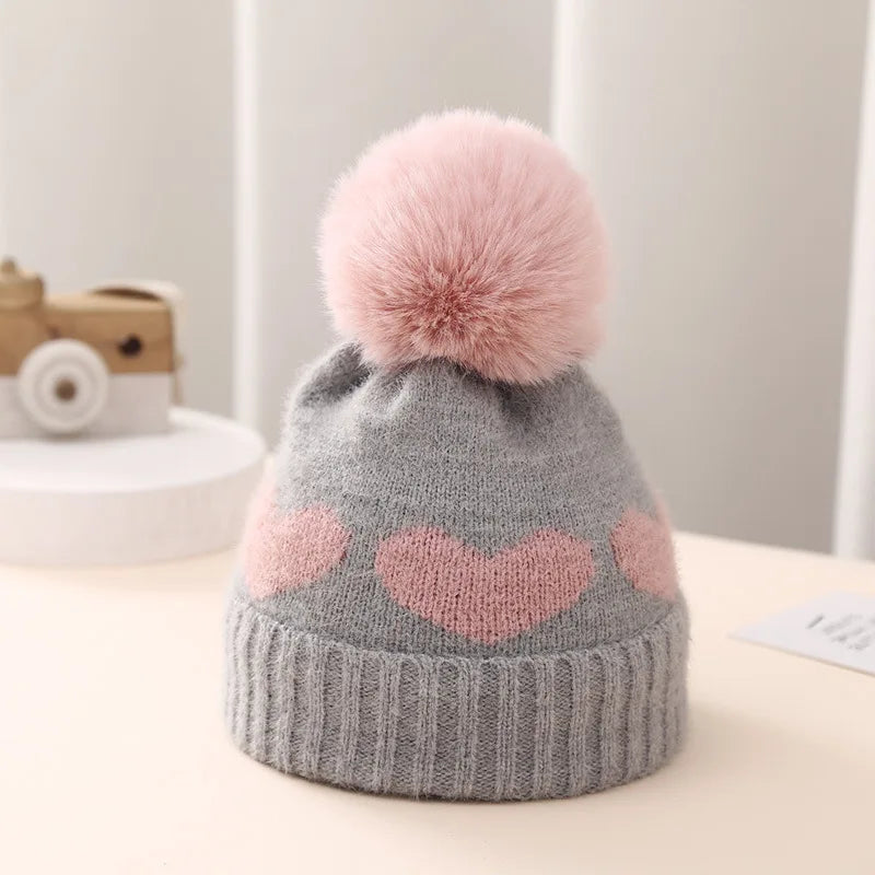 Baby Winter Knitted Hat Double Layer Jacquard Love Heart 0-12 Months Keeps Warm Cozy