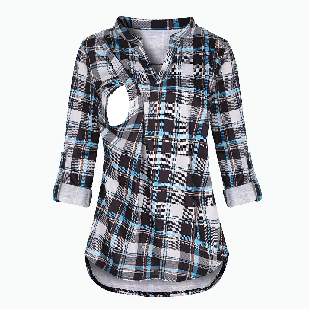 Women's Maternity Breastfeeding T-shirt V-Neck Solid Color Long Sleeve Nursing Tops Clothes for Pregnant Women