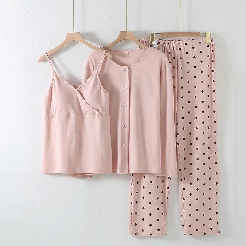 Cotton Maternity Woman 2025 Spring Summer 3 Pieces Lactation Pajamas Pregnancy Sleepwear Pregnant Clothes Feeding Nightie