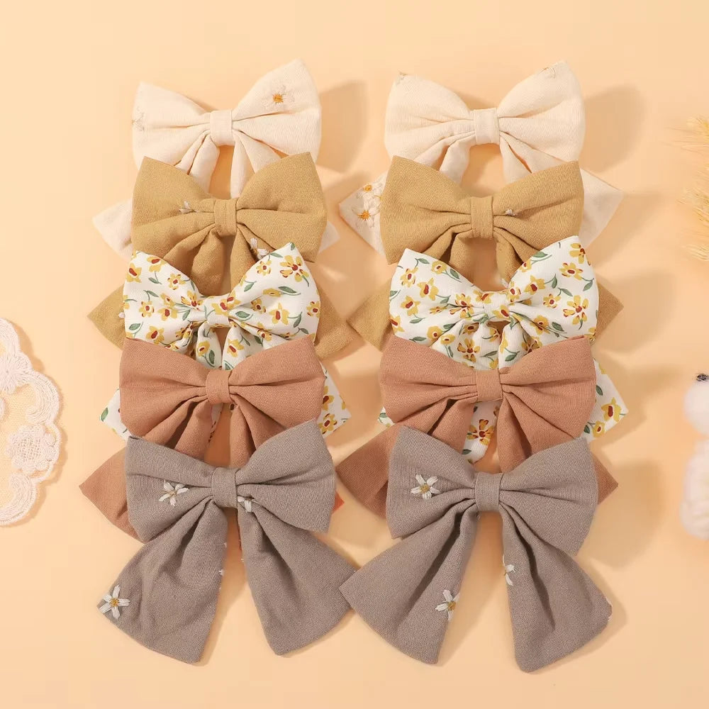 Cotton Baby Hair Bows Hair Clips Bowknot Set Fresh Flower Print for Girls 10Pcs Pack