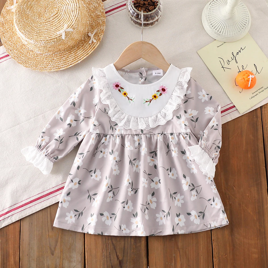 Baby Girl's Romantic Floral Embroidery Round Neck Long Sleeve Dress Autumn Lace Trim Girls' Dress Without Hat