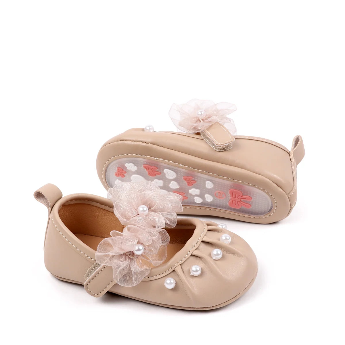 Charming Baby Girls' Pearl Decor Mesh Flower Soft Sole Flats