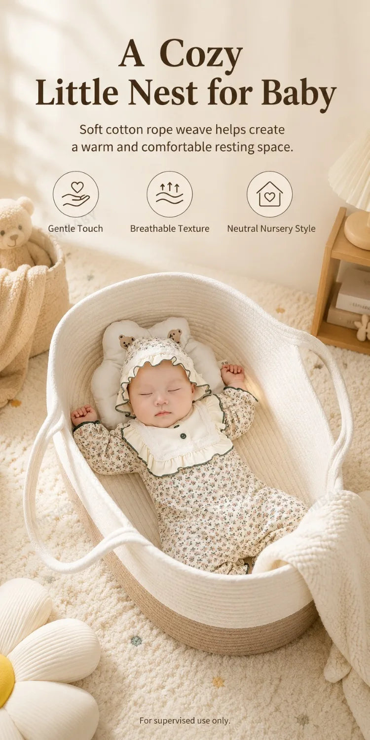 Organic Cotton Baby Cradle with Rocking Base – Portable Handheld Bassinet & Storage Basket for Newborns and Toddler Dolls