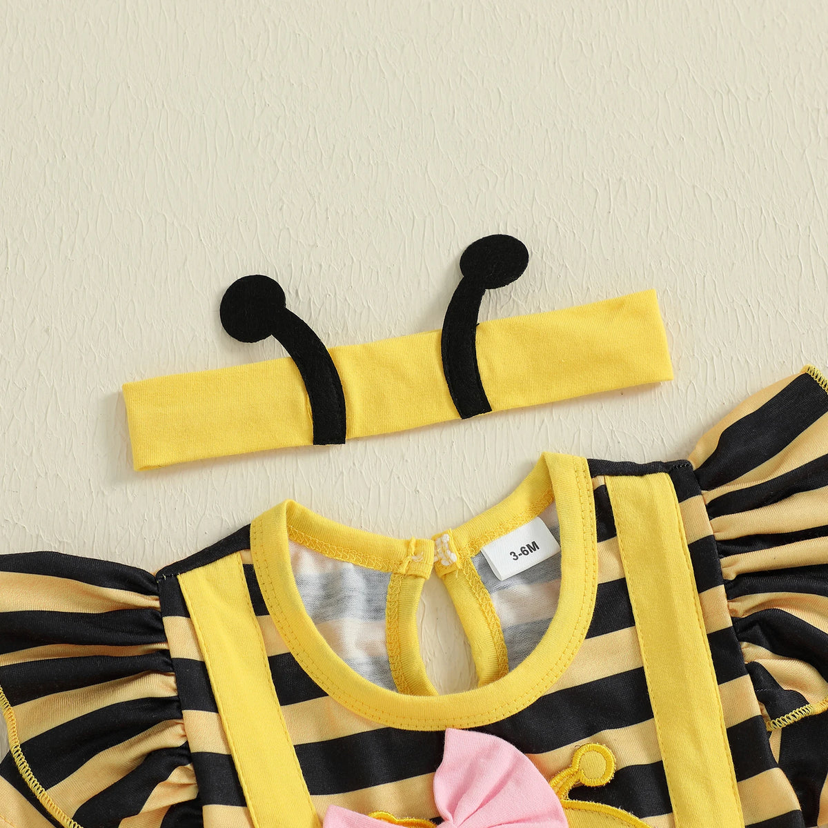 0-18M Newborn Baby Girl Romper Dress Summer Short Sleeve Striped Bee Pattern Tierred Bodysuit with Headband Cute Infant Clothes