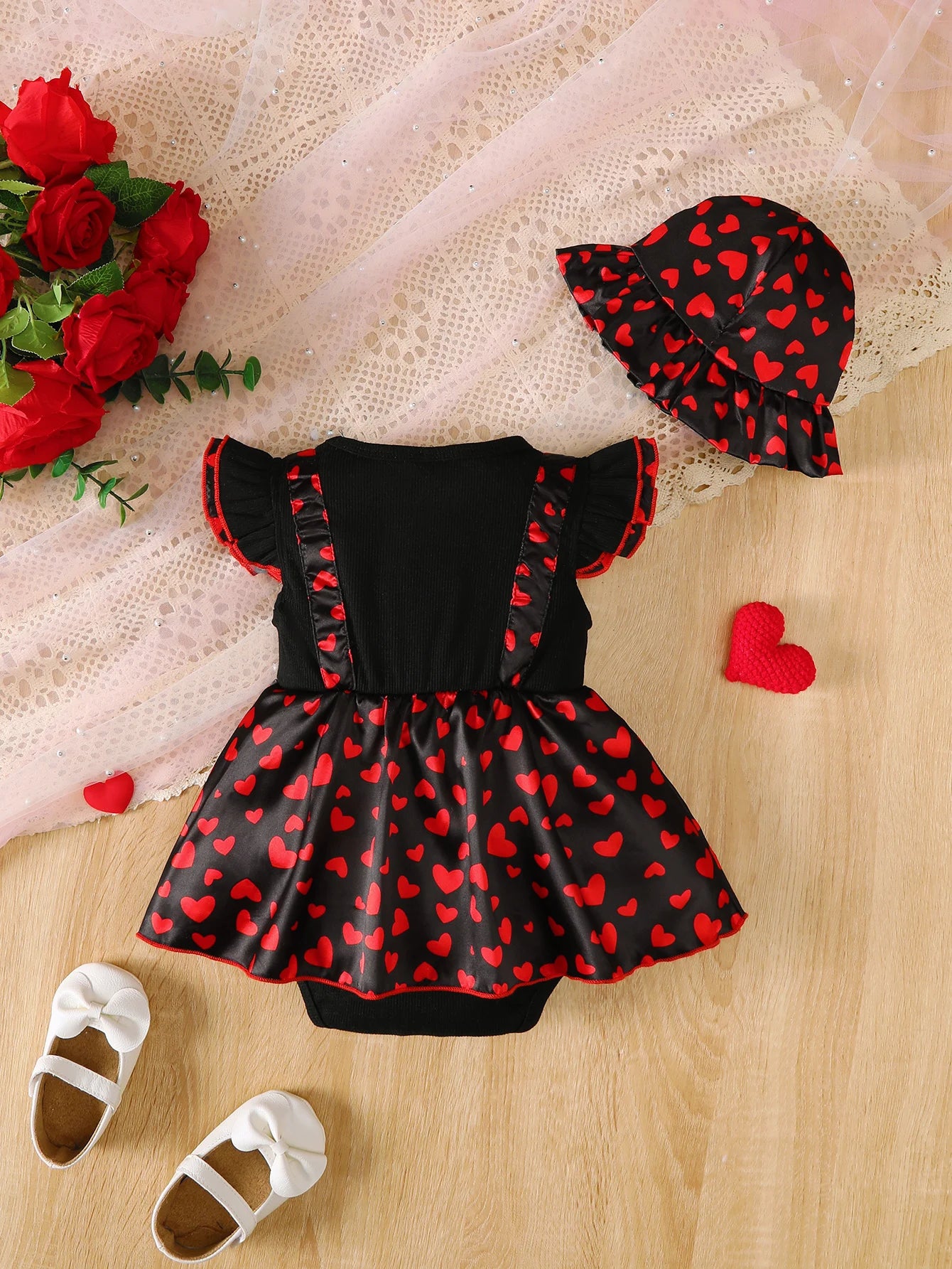 2Pcs Baby clothing Summer Baby Girl Dress with Love Printed Bow Flying Sleeve Dress and Hat for Cute Baby Girl 0-24 Months