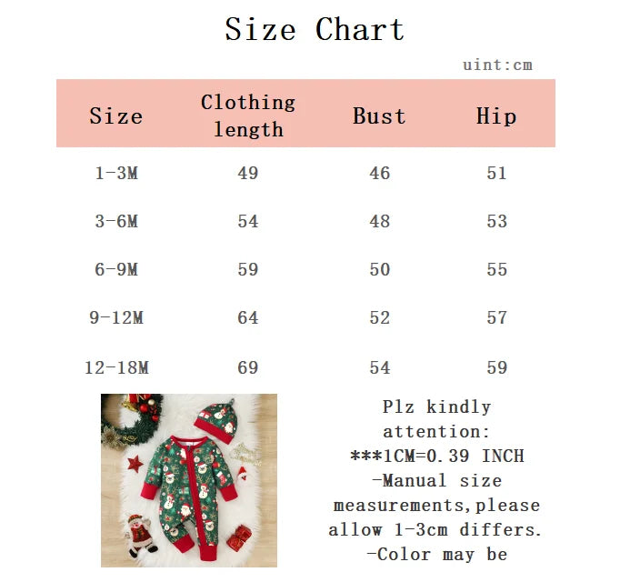 Baby girl Christmas Bodysuit Christmas elements zipper Long sleeved Bodysuit+Hat fit 0-18 Months Baby's New Year's Clothing