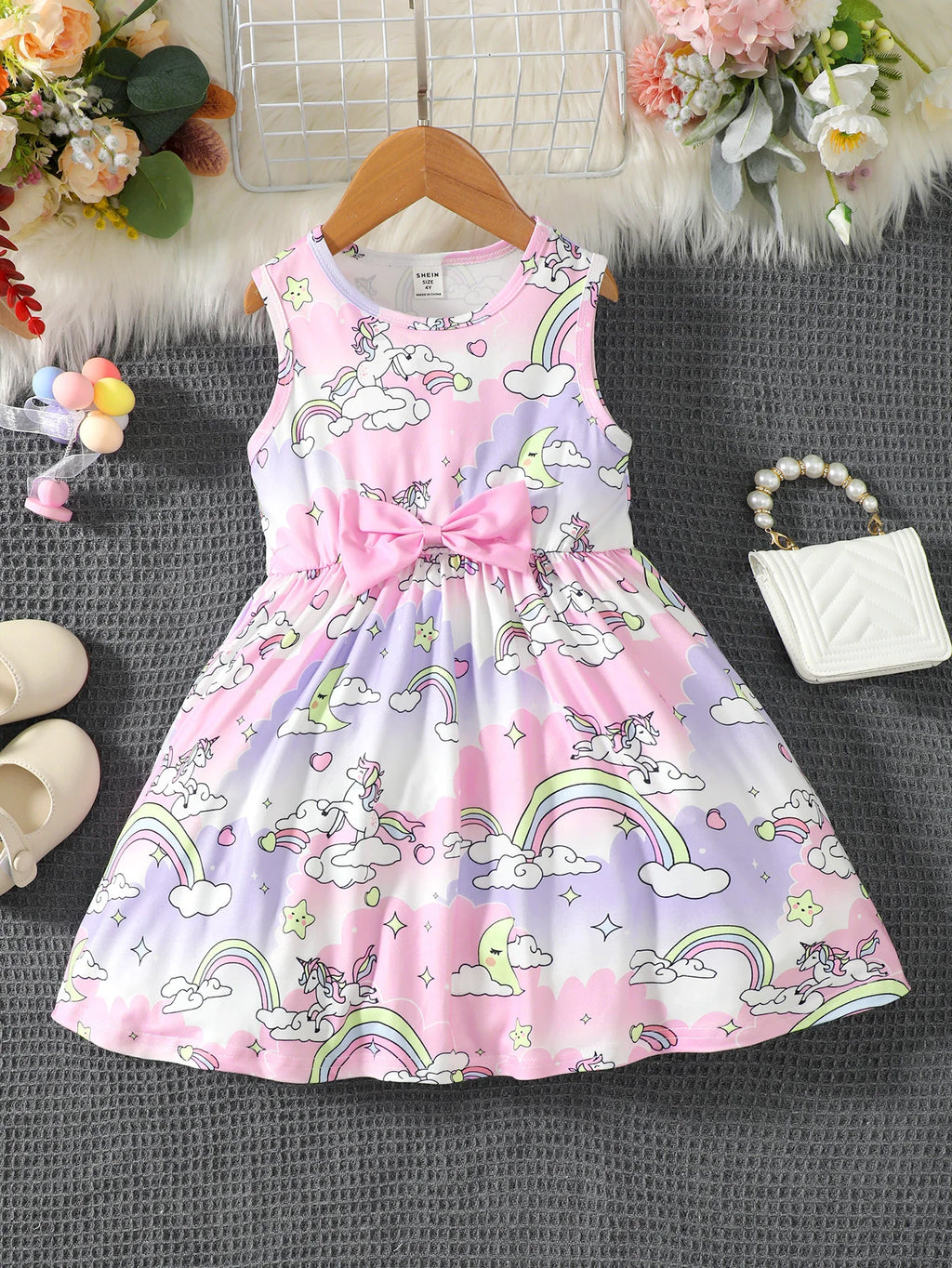 4-7 Year old Girls' Sleeveless Dress, Round neck Unicorn Print, Colorful Dreamy Dress, Girls' Summer Outfit children's clothing